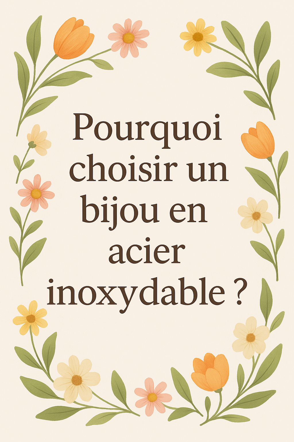 Titre décoratif sur le choix des bijoux en acier inoxydable, entouré de fleurs colorées.
