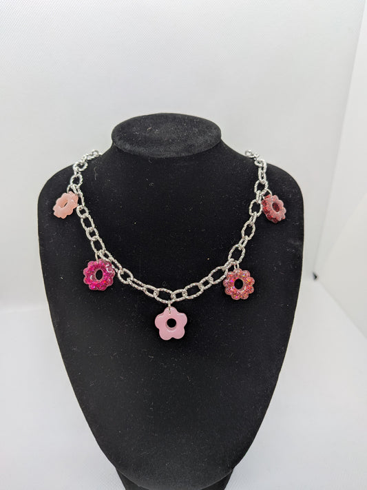 Collier charms rond rose argenté